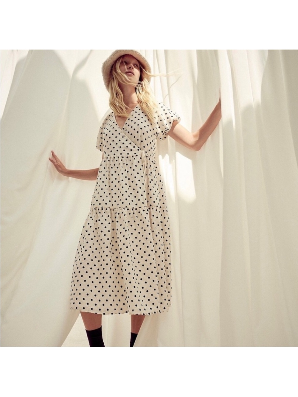 Madewell Cream Midi Dress with Black Polka Dots NWT! Beautiful fabric!!